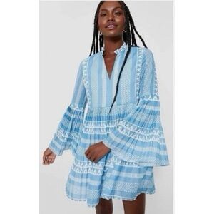 Tuckernuck Hyacinth House Blue & White Bell Sleeved Blaine Mini Dress NWT